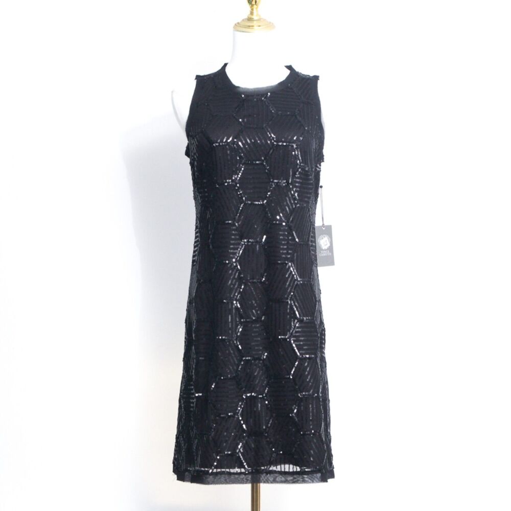 NWT Vince Camuto Womens Black Sequin Sleeveless Classic Sheath Midi Dress Size 4